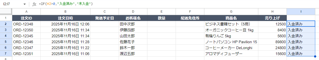 IF関数を使ったステータス自動付与の例。I列に「=IF(H2>0,